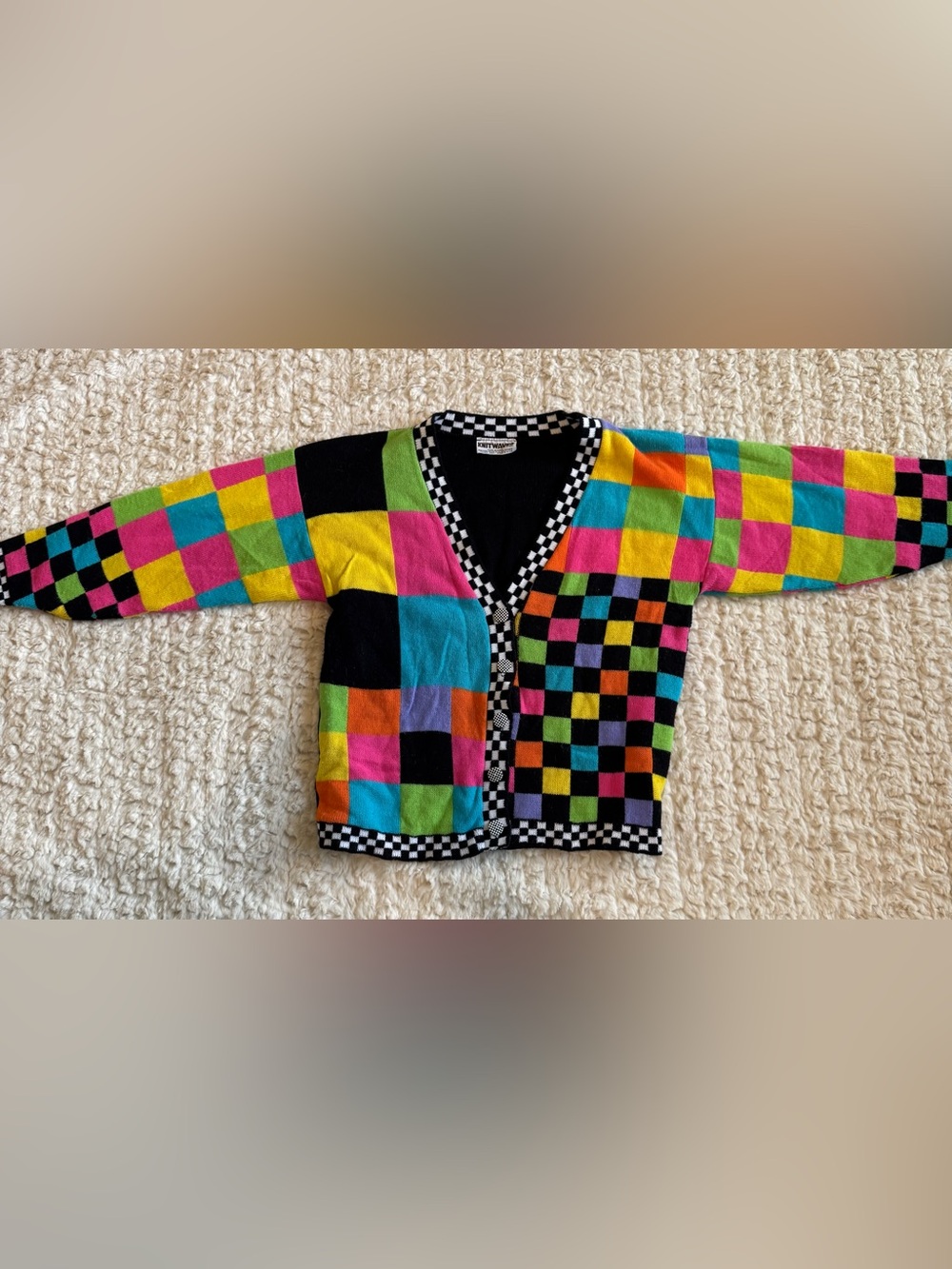 VTG 80s/90s Knitwaves Neon Colorblock Checkerboard Cardigan - Picture 2 of 8